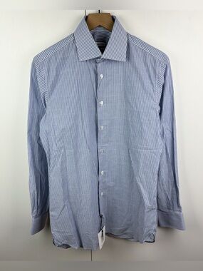 Munro Atelier Trevor Furbay Blue White Striped Cotton Long Sleeve Dress Shirt